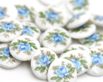 Vintage Japanese Glass Cabochons Floral 10x8mm Blue Rose (6) OL35
