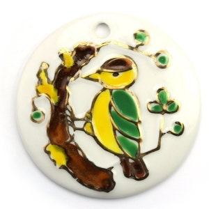 Vintage Japanese Porcelain Bird Pendant 1970s 41mm Hand Painted Round (1) VCP068