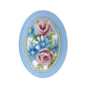 Vintage Floral Cabochons 25x18mm Blue Flower Plastic Cameo Matte Crystal Gold German (1) VIC476