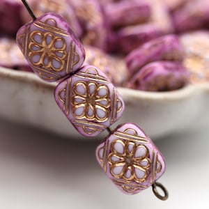 Etched Ornate Flat Rectangle Beads Floral Lilac Purple and Gold Baroque Vintage Style (16) PB040