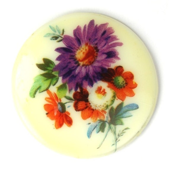 Vintage Glass Floral Cameos 35mm Purple Daisy Bouquet Round Cabochon Flat Back West German (1) VIC244