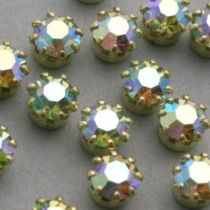 10 Vintage Swarovski Rhinestones Raw Brass Setting 19ss Chrysolite AB VS007 image 2