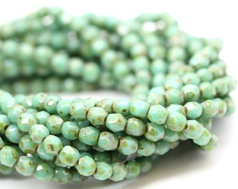 Czech Glass Beads Fire Polished Faceted Rounds 3mm Turquoise Picasso (50) CZF821