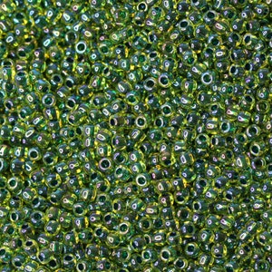 11/0 TOHO Round Glass Seed Beads Inside Color Rainbow Jonquil Forest Green Lined (10 grams) TH055-R