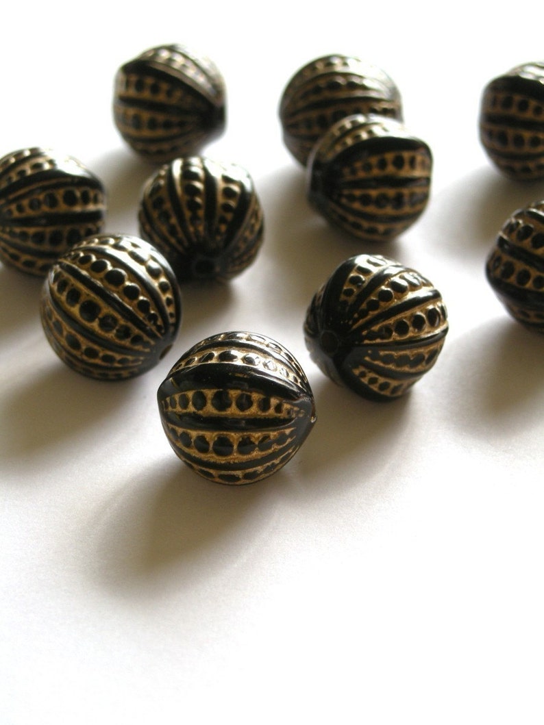 Jet Black and Gold Engraved Plastic Beads 12mm 10 PB002 image 1