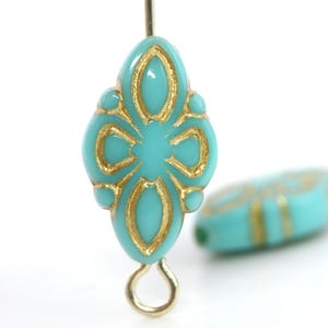 Ornate Etched Beads Oval Turquoise Blue Gold Acrylic Carved 16mm Diamond (20) PB193