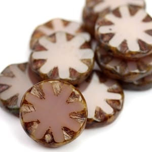 Czech Glass Beads Fancy Rippled Coin Opal Rose Picasso (2) CZM126