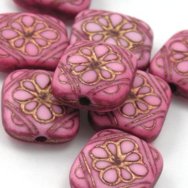 14 Plastic Ornate Flat Rectangle Floral Beads -  Pink and Gold - PB041