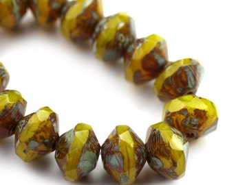 Czech Glass Beads Fire Polished Saucers 11x7mm Yellow Picasso (6) CZF777