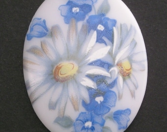 Vintage Glass Floral Cameo 40x30mm Daisy Flower Cabochon Flat Back West German VIC002