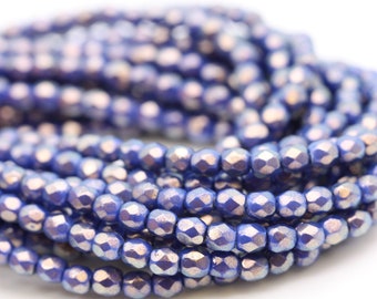 Czech Glass Beads Fire Polished Faceted Rounds 3mm Halo Ethereal Ultramarine (50) CZF898