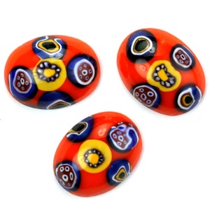 Vintage Glass Cabochons 20x15mm Oval Millefiori Orange Flat Back West German (2) VGC389