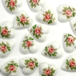 Vintage Cabochon Japanese Glass White 11mm Heart Pink Rose Limoges Floral Flat Back (6) LH12