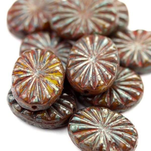 Czech Glass Beads Oval Fancy Starburst Opal Marigold Picasso (4) CZM130