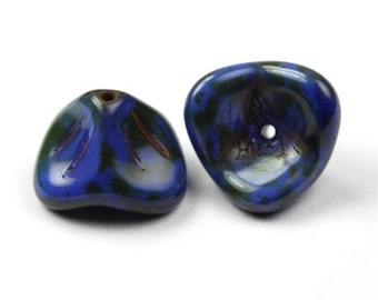 Czech Glass Bead Three Petal Flower 10x12mm Opaque Blue and Green (12) CZP421