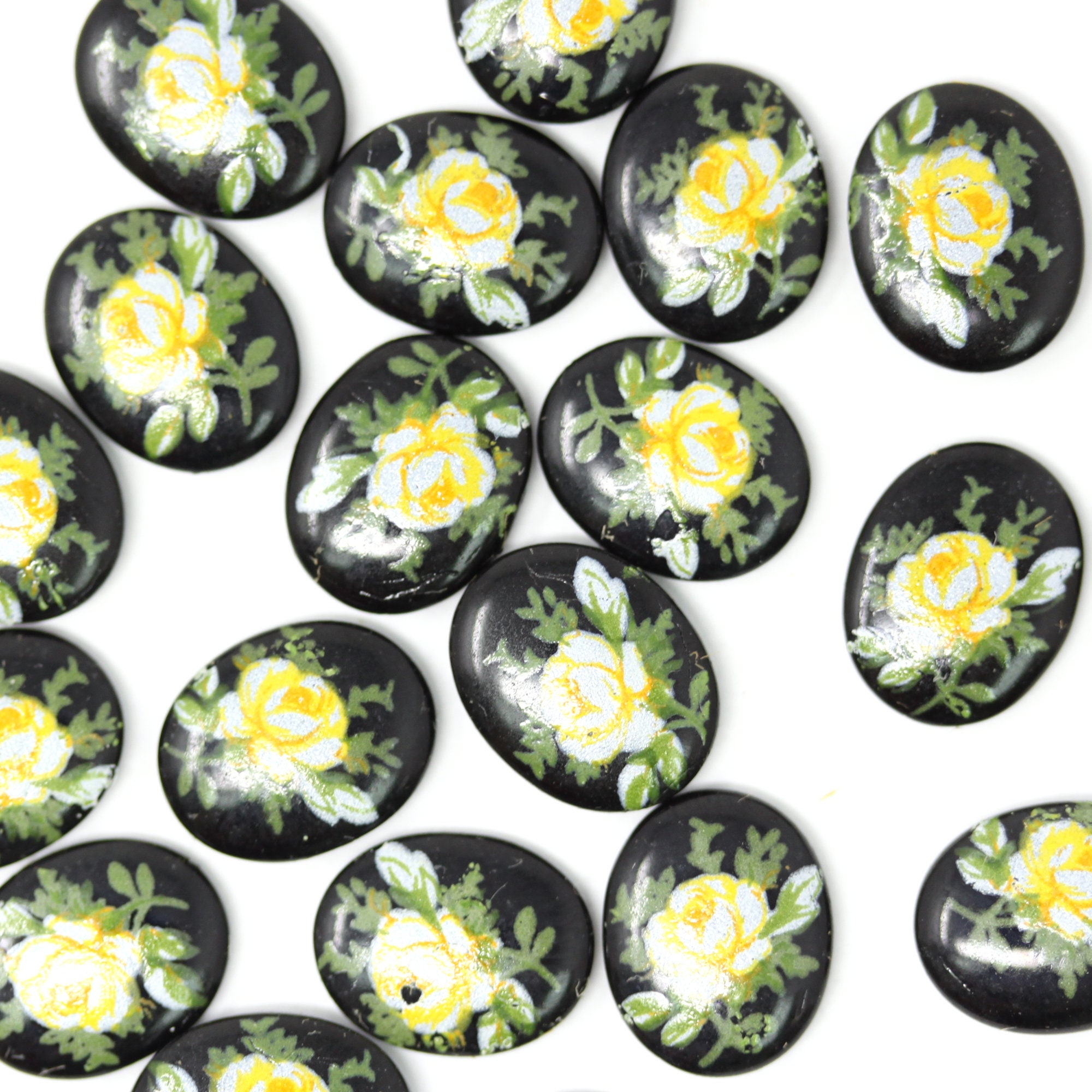 6 VGC478 Vintage Cabochons Japanese Glass Floral Decal Rose Flat Back 10x8mm Oval Porcelain Yellow on Black