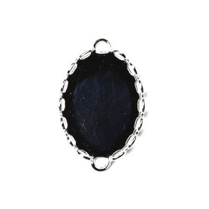May include: Silver oval pendant with a smooth, black surface and a decorative, chain-like border. The pendant has two loops at the top for attaching a chain.