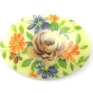 Vintage Plastic Floral Cameo 25x18mm Multicolor Flat Back Decal Cabochon West German VIC114