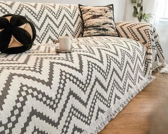 Nordic Couch Cover, Soft Sofa Slipcover, Chenille Couch Protection, Striped Couch Design, Livingroom Decor, Sofa Throw Blanket, Gift Idea