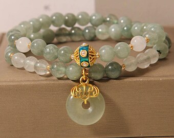 Green Crystal Beaded Bracelet: Double-Layer Adjustable Pendant Bracelet