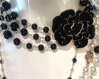 Handmade Pearl Camellia Necklace: Long Flower Sweater Necklace