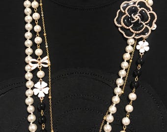Pearl Camellia Long Necklace, Black and White Flower Sweater Necklace