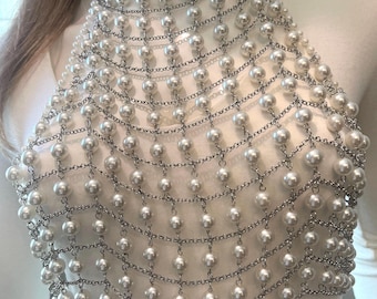 Chic Draped Pearl Halter|Mesh Top| Body Chain| Chain Bra