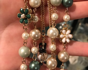 Green tone Camellia Pearl Necklace for Women,  Double Stranded Gold with mini flower charms
