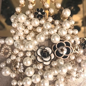 Unique Double Flower Black and White Camellia Pearl Necklace for Women,  Double Stranded Gold