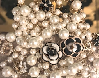 Unique Double Flower Black and White Camellia Pearl Necklace for Women,  Double Stranded Gold