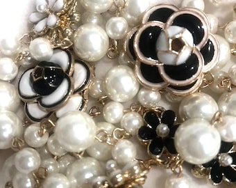 Unique Double Flower Black and White Camellia Pearl Necklace for Women,  Double Stranded Gold