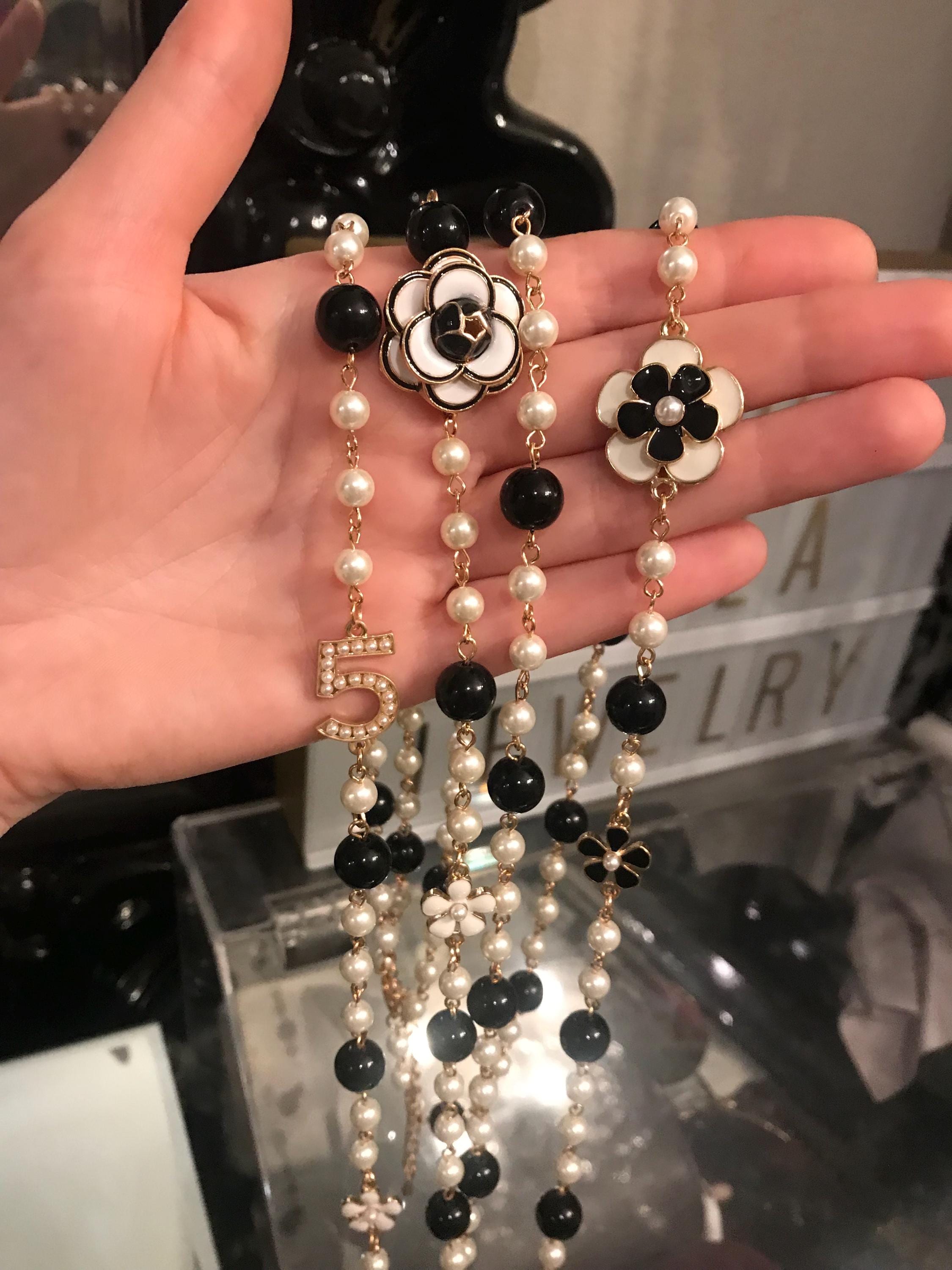 Long Double Stranded Black & White Camellia Flower Necklace - Statement Jewelry