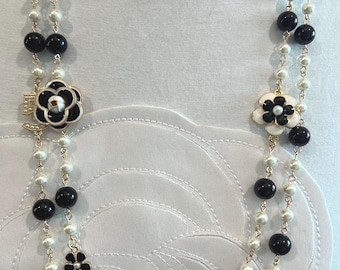 Long Double Stranded Pearl Black & White Camellia Flower Necklaces - Statement Jewelry