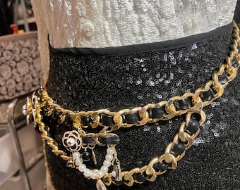 Gold thick chain hip and waist belts handmade with mini charms etched in camellia flowers.