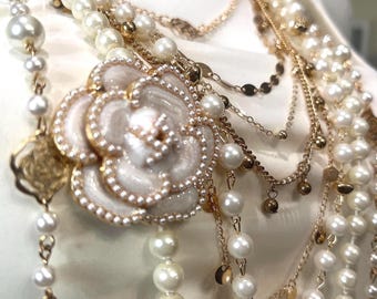 Pearl Camellia Flower Necklace - Holiday Jewelry, Elegant Gift