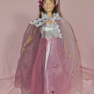 Könnte beinhalten: Eine Puppe in einem rosa und lavendelfarbenen Kleid mit einer Spitzenborte und einem durchsichtigen Umhang. Die Puppe hat braunes Haar und trägt ein rosa Stirnband mit einer Blume.