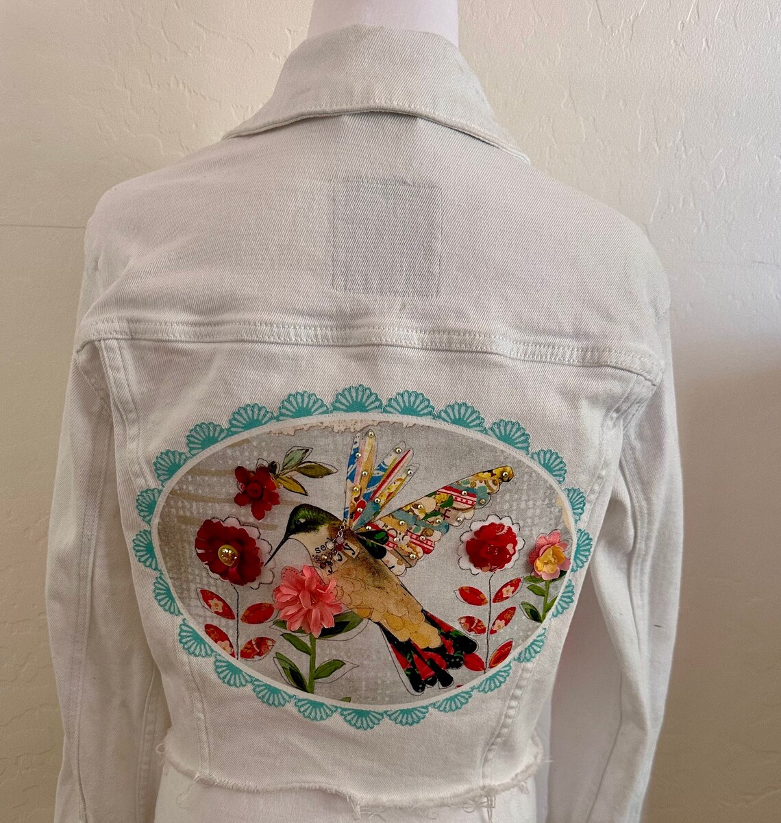Hummingbird Wearable Art on White Hollister Denim Jean Jacket Size ...