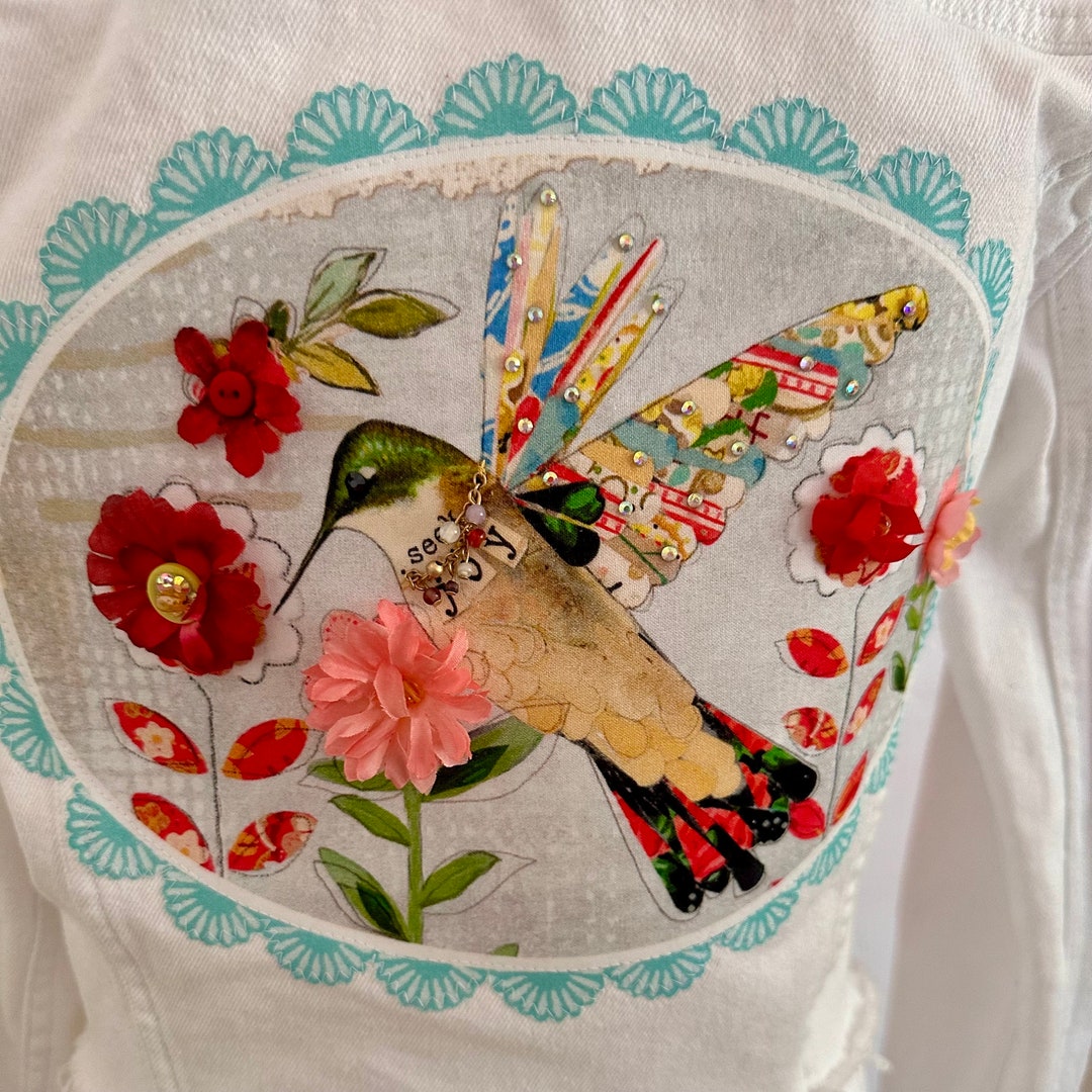 Hummingbird Wearable Art on White Hollister Denim Jean Jacket Size ...