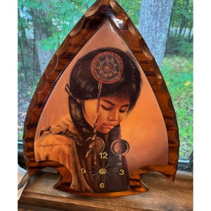 Vintage Native American Girl Arrowhead Wood Wall Clock Plaque 19.5 Inch