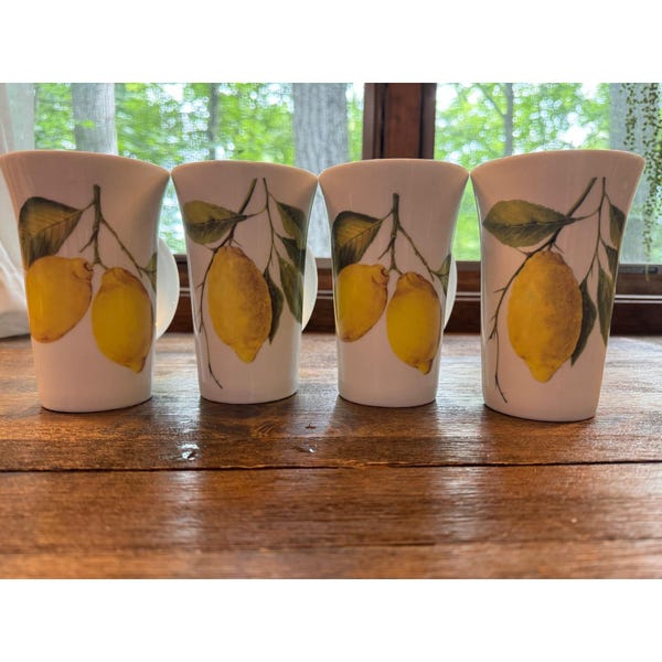 4er-Set Latte-Tassen aus Keramik mit botanischem Zitronenmotiv, hohe weiße Kaffeetassen mit Fruchtdesign