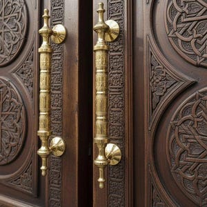 Unlacquered Brass Door Pull Handle, Handcarved Moroccan Entryway Hardware, Antique Gold Double Front Entrance Pulls