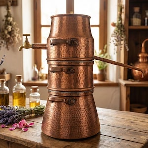 Traditionele koperen distilleerketel | Handgemaakte Marokkaanse distilleerketel voor etherische oliën | Botanische extractieset, bloemenwatermaker