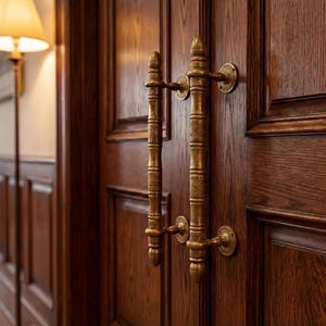 May include: A pair of vertical brass door handles with a cylindrical, ribbed design mounted on a dark brown, paneled wooden door. The handles feature rounded finials at the top and bottom, secured to the wood with circular metal plates.