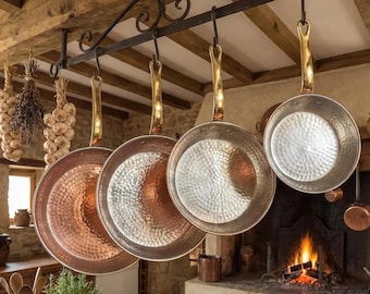Hand Hammered Solid Copper Frying Pan, Tinned Cookware, Double Handled Serving Skillet, Artisan Kitchenware Gift