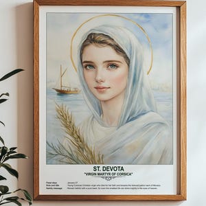 St. Devota, heilige kunst, religieuze muurkunst voor gezinnen, patroonheilige, housewarmingcadeau.