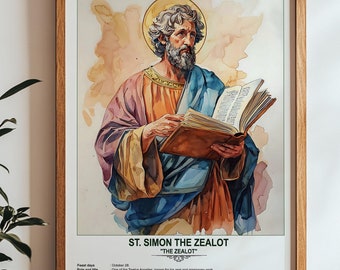 May include: A watercolor painting of Saint Simon the Zealot, one of the Twelve Apostles, holding a book. The painting is framed in a wooden frame and has a white background. The text below the painting reads "ST. SIMON THE ZEALOT" and "THE ZEALOT". The text also includes "Feast days: October 28", "Role and title: One of the Twelve Apostles, known for his zeal and missionary work", and "Saintly message: Live with zeal for God, preach the truth fearlessly, and inspire others to remain faithful despite challenges."