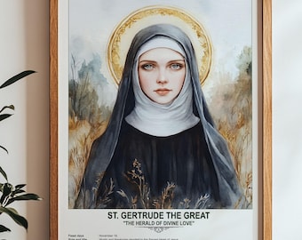 St. Gertrude the Great, Sacred Art, Religious Wall Art for Families, Patron Saint, Housewarming Gift.
