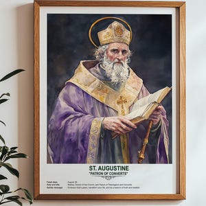 Op de afbeelding: Een aquarel van Sint Augustinus, een katholieke heilige, afgebeeld in een paarse robe en met een boek in zijn hand. Het schilderij heeft een gouden lijst en de tekst "ST. AUGUSTINE "PATRON OF CONVERTS"  Feast Days: August 28 Role and Title: Bishop, Doctor of the Church, and Patron of Theologians and Converts.  Saintly message: Embrace God's grace, transform your life, and be a beacon of truth and wisdom."
