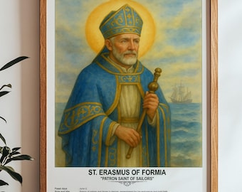 St. Erasmus of Formia, Sacred Art, Religious Wall Art for Families, Patron Saint, Housewarming Gift.