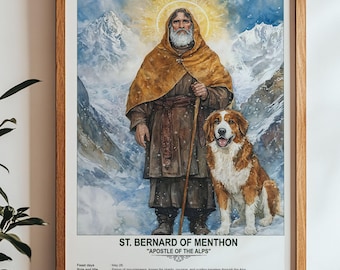 St. Bernard of Menthon, Sacred Art, Religious Wall Art for Families, Patron Saint, Housewarming Gift.